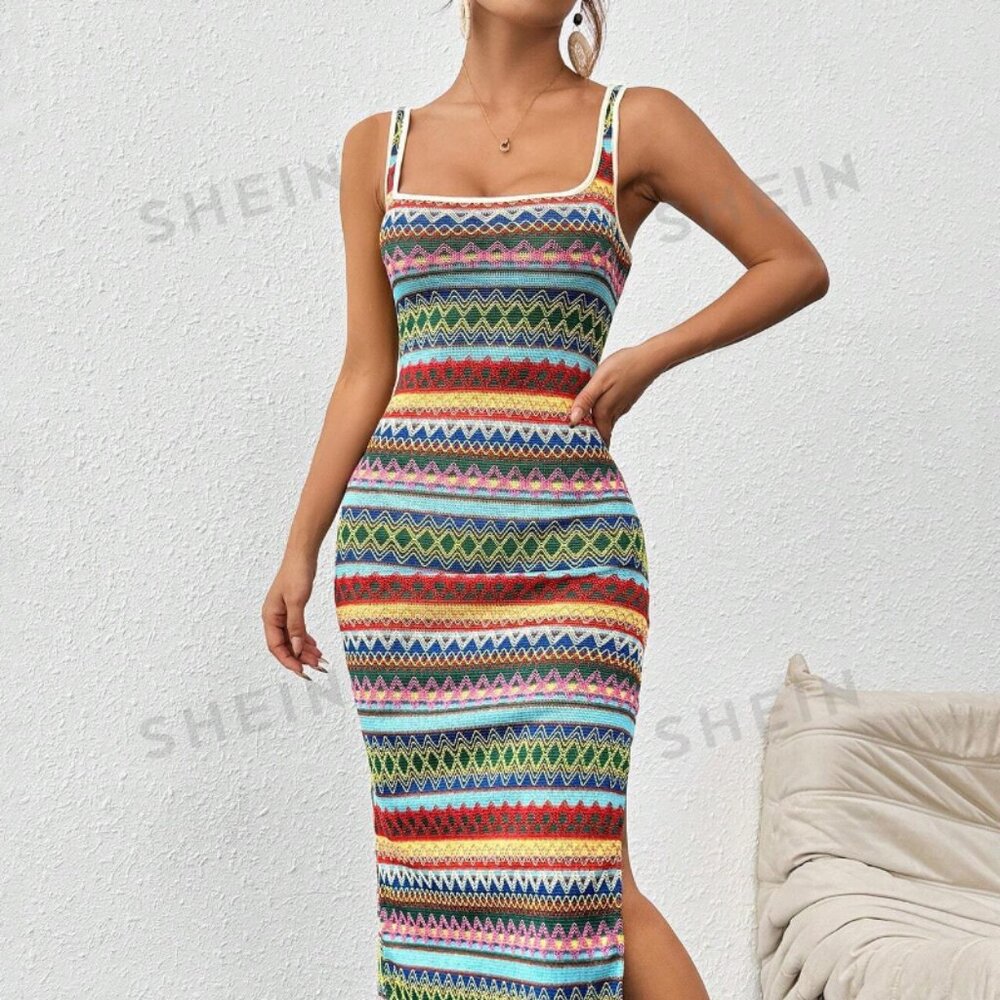 SHEIN PETITE Summer Beach Geo Printed Slit Slim Fit Slip Crochet Maxi Dress